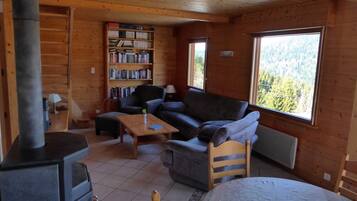 TV, caminetto, libri, impianto stereo