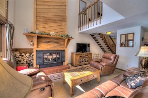 Smart TV, caminetto, lettore DVD, libri