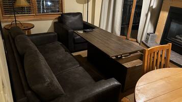 Smart TV, fireplace, books, music library