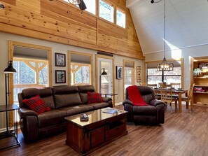 Älytelevisio, takka, DVD-soitin, kirjoja