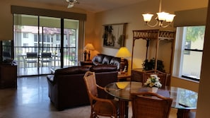 Flat-screen TV, DVD player, table tennis, books