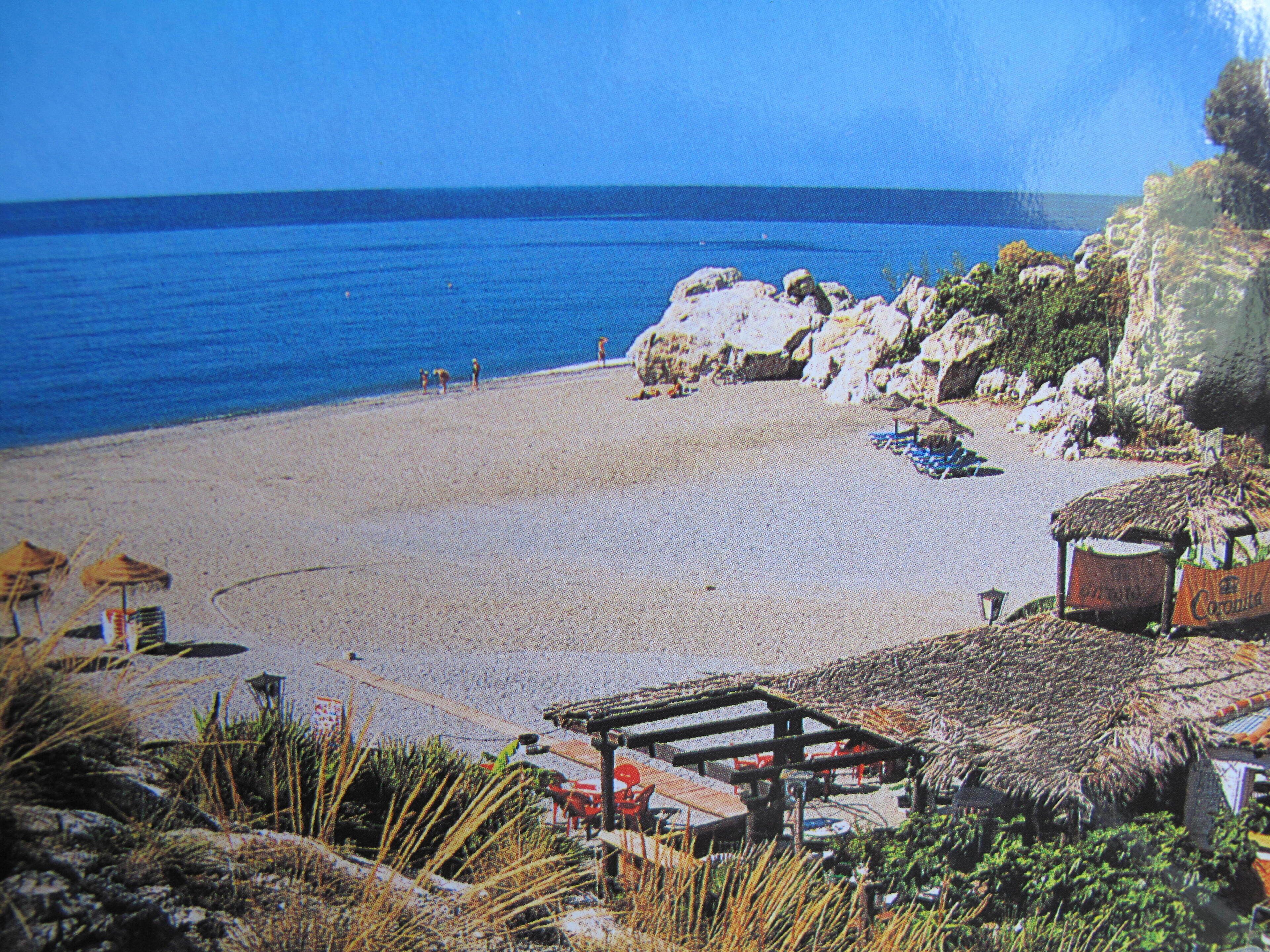 A beach with thatched-roof structures, a clear blue sea, and rocky outcrops.