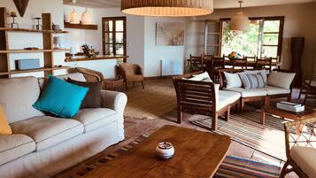 Televisie, een open haard, boeken en een stereo