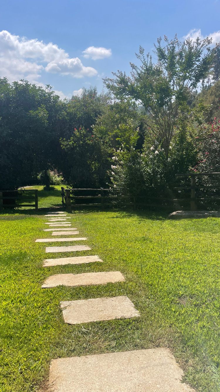 A stone pathway leading through a grassy area with trees and a wooden fence in the background.