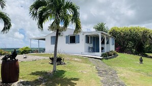 A white house with a covered porch, a palm tree, and a stone pathway leading to the entrance. - Sugar Cane House (GRAND BOURG)