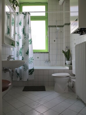 Hair dryer, towels, soap, toilet paper