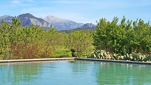 A pool with a mountainous backdrop, surrounded by greenery and cacti. - Sa Torre: Idyllic estate, individual areas, garden, pool, WiFi, air conditioning (Santa Maria del Cami)
