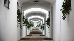 A long, white hallway with arches and potted plants on either side. - Villette Taormina, La Perla Dell'isola (Taormina)