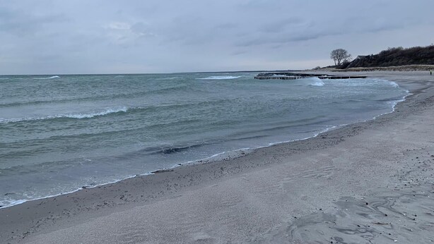 Una playa con un muelle de madera que se adentra en el agua, una orilla arenosa y un cielo nublado.