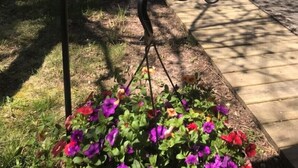 Un letrero de bienvenida con estructura metálica y un jardín de flores al frente.