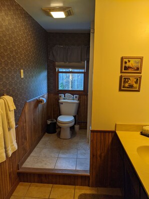 A bathroom with a toilet, a window, a towel rack, and two framed pictures on the wall.
