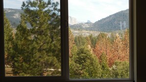 A window with a view of a forested mountain landscape.