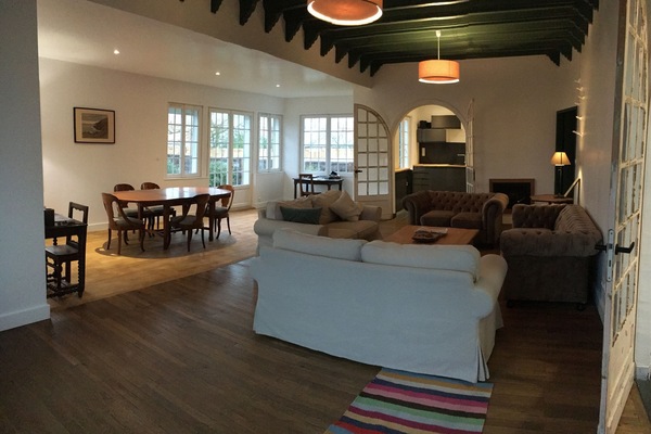 Smart-tv, eldstad, ett bordtennisbord och böcker