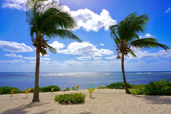On the beach, sun loungers, beach towels