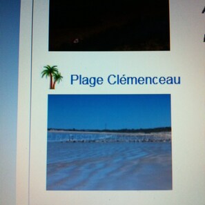 Escena de playa con una palmera y el texto 'Plage Clémenceau'.