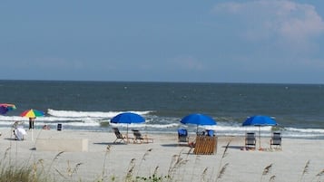 On the beach, sun-loungers, beach towels