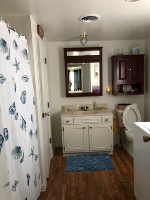 Combined shower/bathtub, towels, soap, toilet paper
