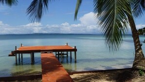 A wooden pier extending into clear blue water, surrounded by sandy beach and palm trees. - The Ultimate Beach House (Casa Sol Y La Luna) (Bocas Del Toro)