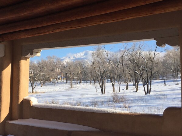 A view from a window with a snow-covered landscape, bare trees, and distant mountains.