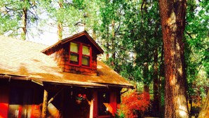 A rustic cabin with a wooden exterior, a porch, and a stone bench. - 5 STAR **STRAWBERRY CORNER** CLASSIC CABIN ON CREEK, 1 MINUTE WALK TO VILLAGE! (Idyllwild)