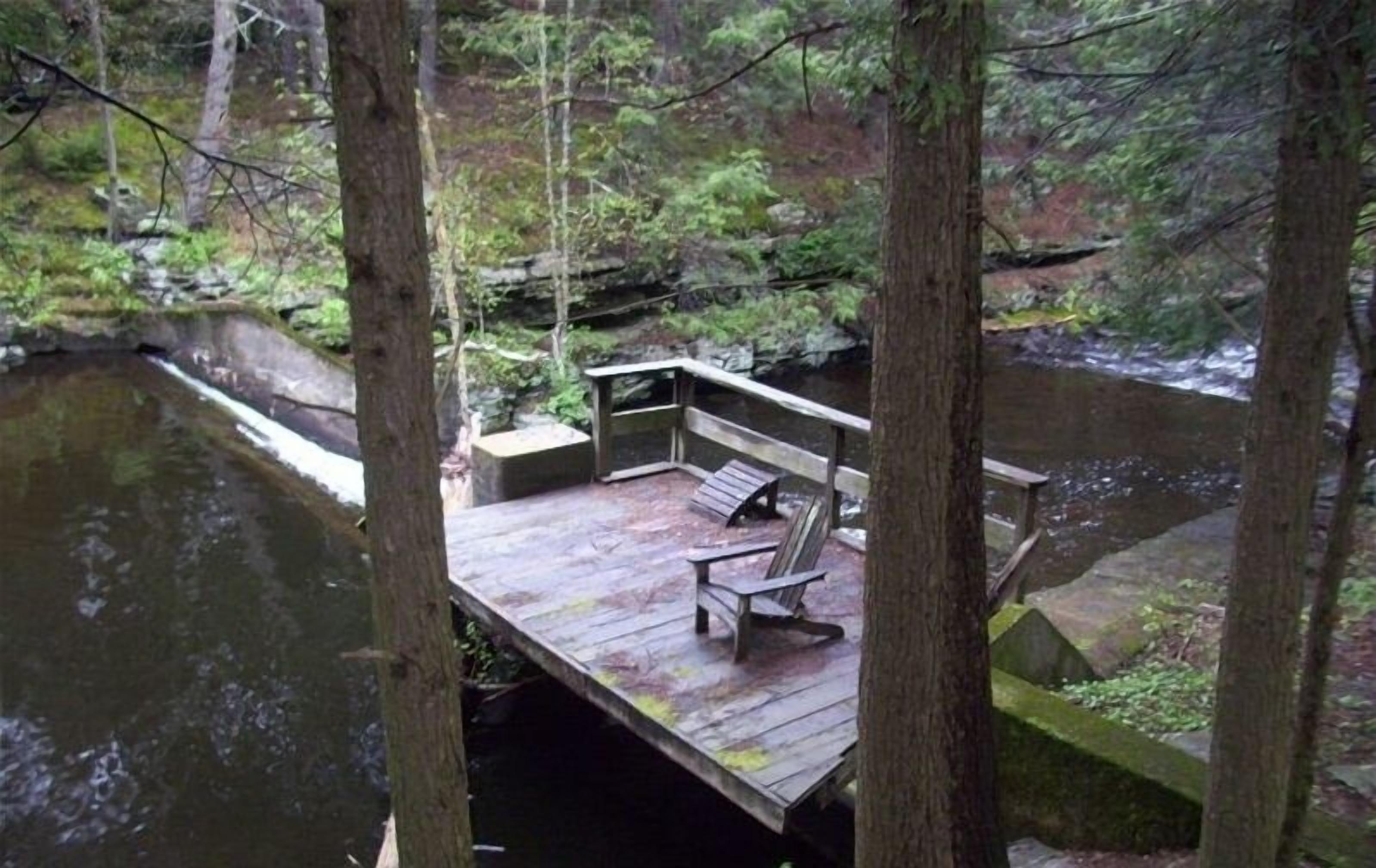 Deck built over cascading stream & huge swimming hole!