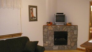 A living room with a stone fireplace, a television on top, and a green sofa.