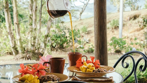 Une table avec un plateau en verre, deux assiettes de nourriture, une cafetière qui verse du café et deux tasses.