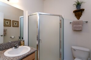 Combined shower/bathtub, hair dryer, towels