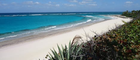 On the beach, sun-loungers, beach towels