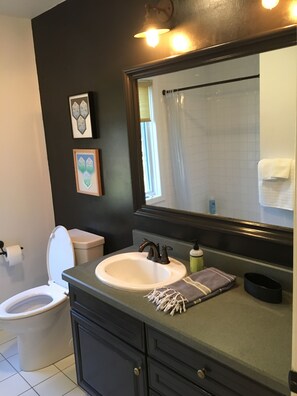 Combined shower/bathtub, hair dryer, towels, soap