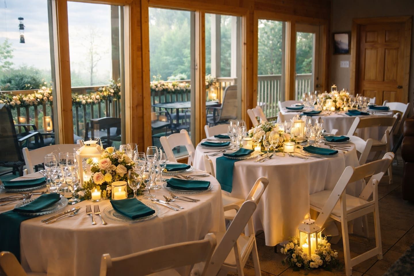 Un restaurant où les tables rondes sont dressées pour le dîner, chacune étant agrémentée de bougies et d’un arrangement floral.