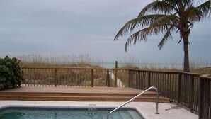 Ein Swimmingpool mit Holzterrasse und Metallleiter, umgeben von einem Holzzaun und einer Palme.