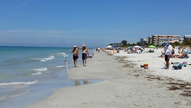 Ein Strand mit blauem Himmel, ruhigem Meer und Menschen, die am Ufer entlanggehen.