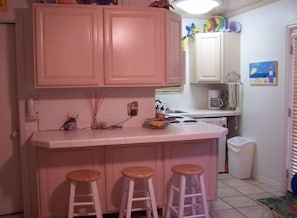 Full-sized fridge, microwave, oven, stovetop