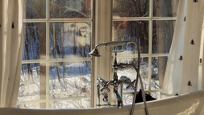 Una bañera con cabezal de ducha, una ventana que da a un paisaje nevado y una cortina con un diseño.