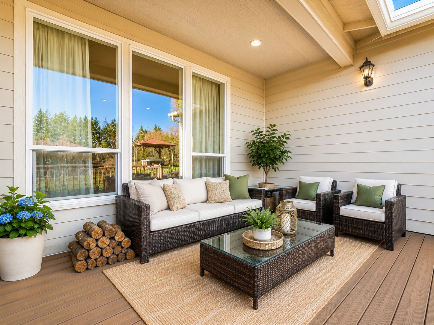 A covered patio with wicker furniture, a glass coffee table, and a view of the outdoors.