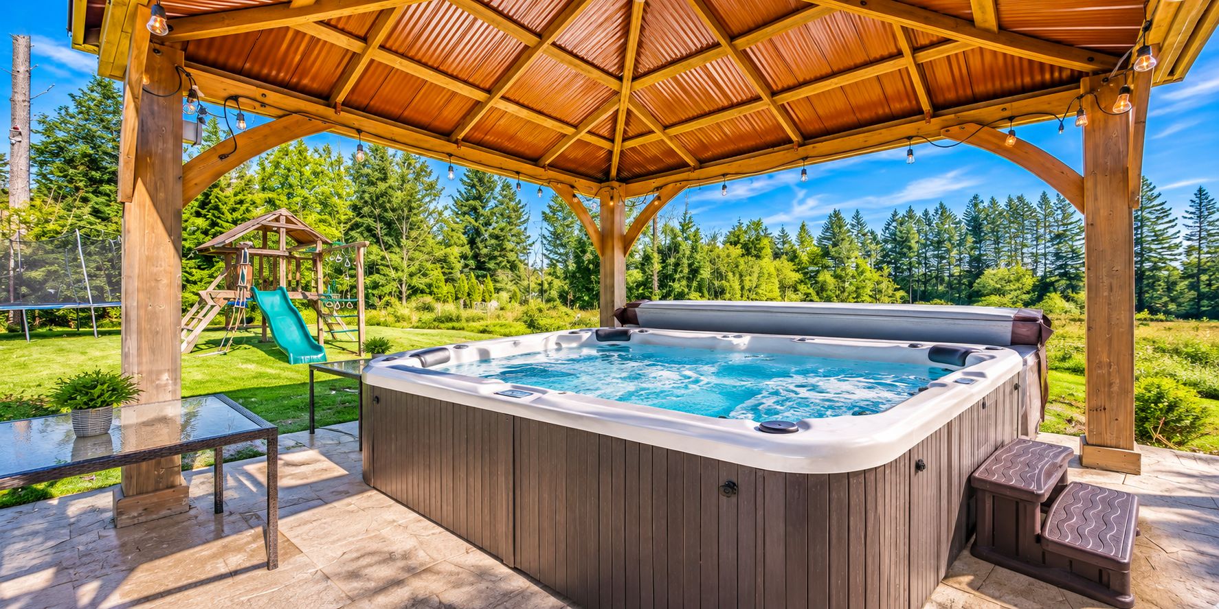 A hot tub under a wooden pergola with a slide and a grassy area in the background.