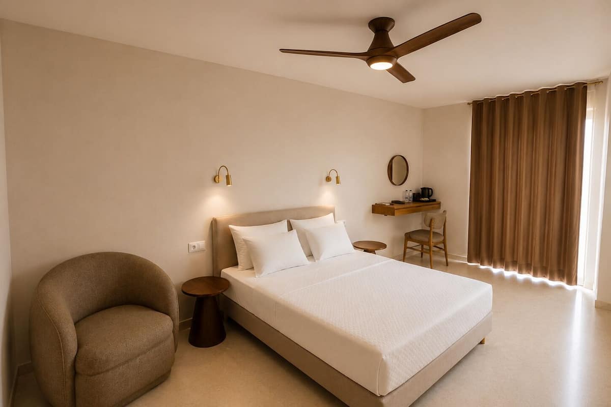 Quarto de hotel com cama, cadeira, escrivaninha, ventilador de teto e janela com cortinas.