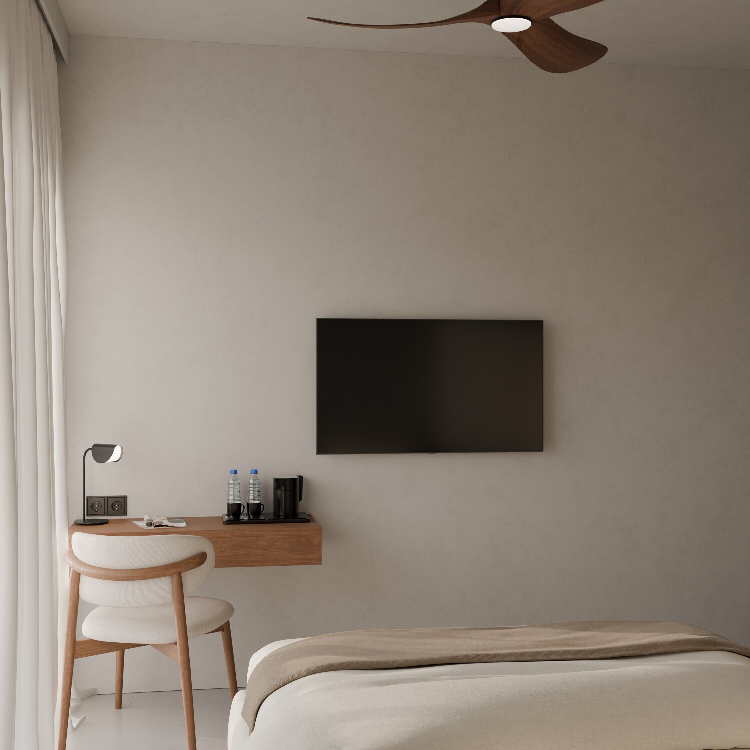A modern bedroom with a bed, a desk with a chair, a flat-screen TV, and a ceiling fan.