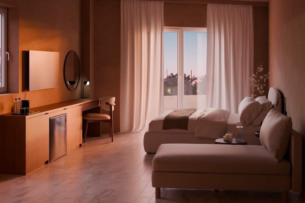 Studiosuite – honeymoon | Safe på rommet, skrivebord og skrivebord for bærbar PC