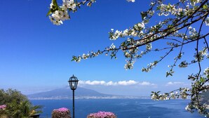 A coastal view with a clear sky, a street lamp, terracotta pots with flowers, and a distant mountain. - Villa Denise (Vico Equense)