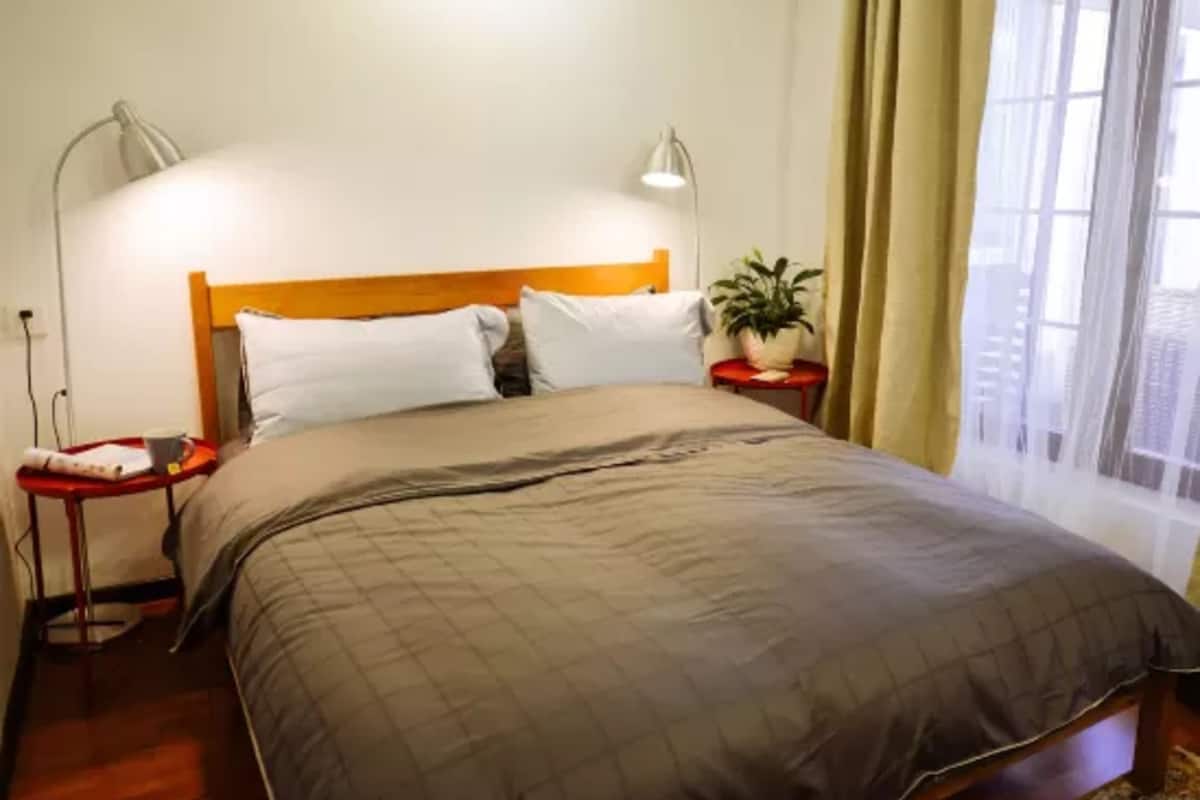 A neatly made bed with a wooden headboard, two bedside tables with lamps, a potted plant, and a window with curtains.