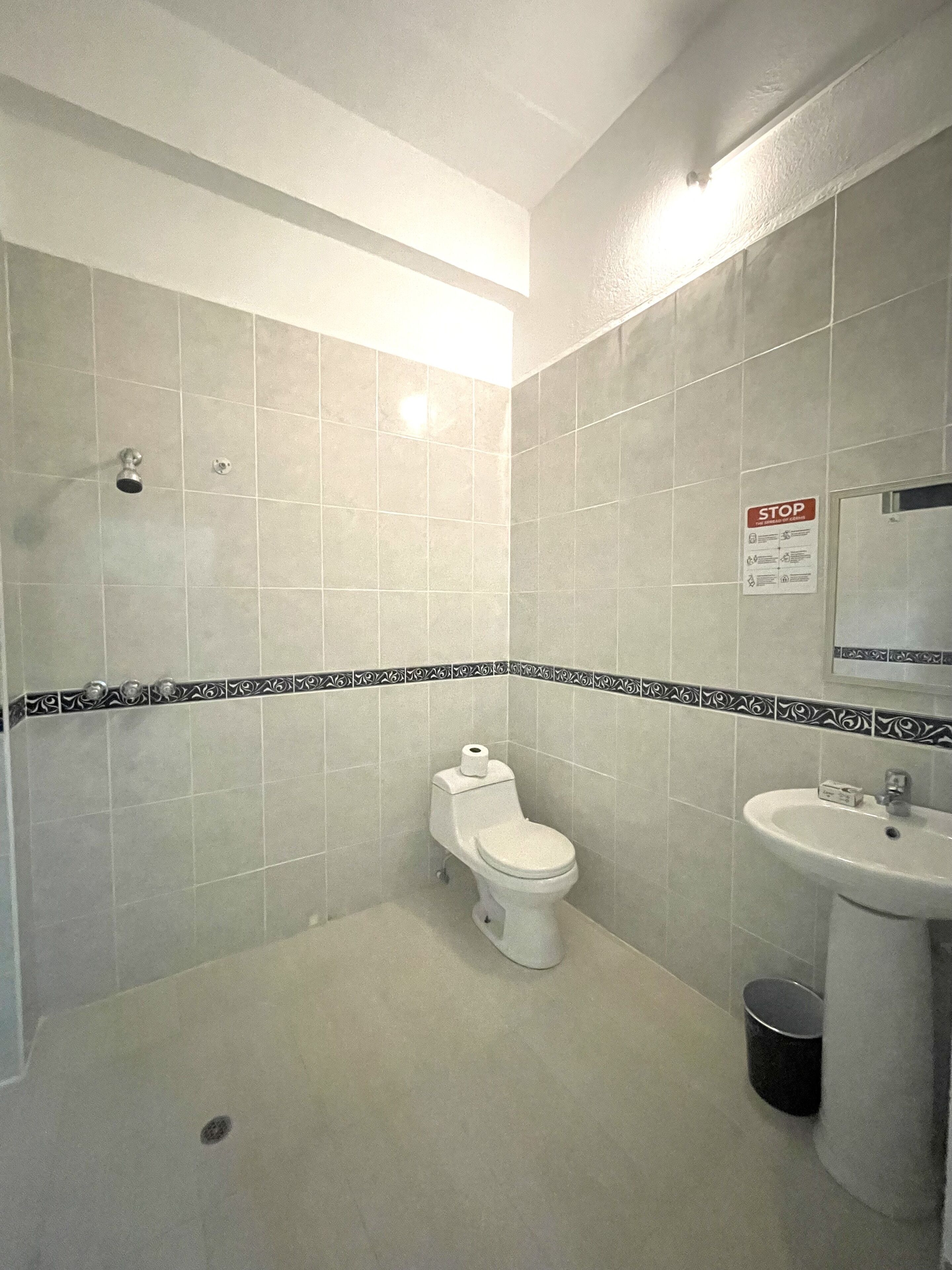 Une petite salle de bain avec des toilettes, un lavabo et une douche.
