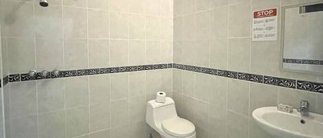 Une petite salle de bain avec des toilettes, un lavabo et une douche.