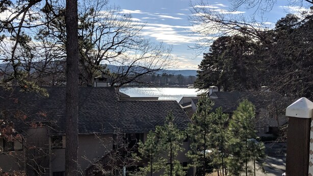 Un quartier résidentiel offrant une vue dégagée sur un lac, entouré d’arbres et d’immeubles.