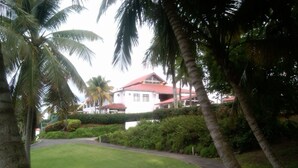A well-maintained lawn, palm trees, and a building with a red roof.