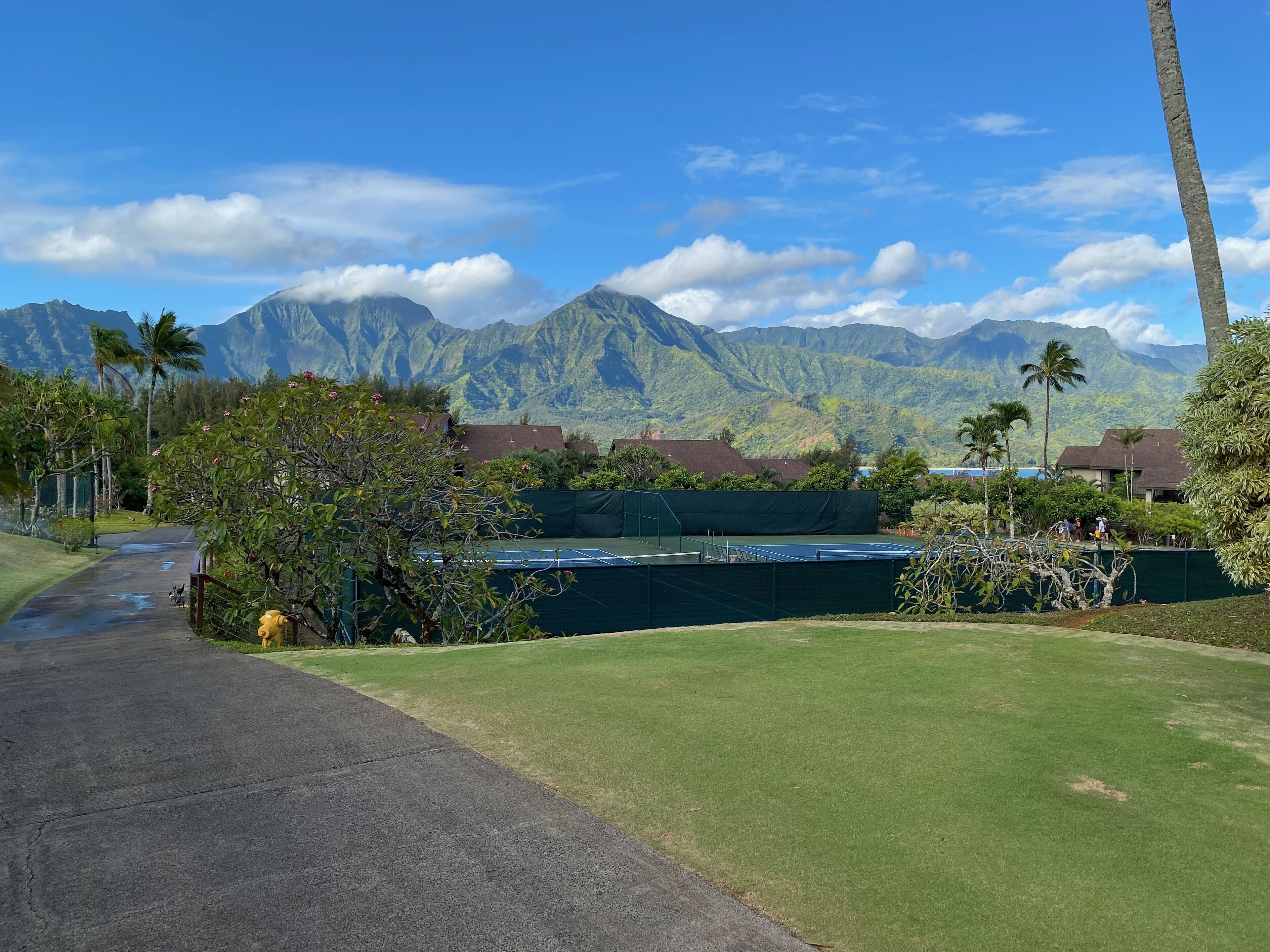 Un parcours de golf doté d’un court de tennis, entouré d’une végétation luxuriante et de palmiers, avec des montagnes en toile de fond.