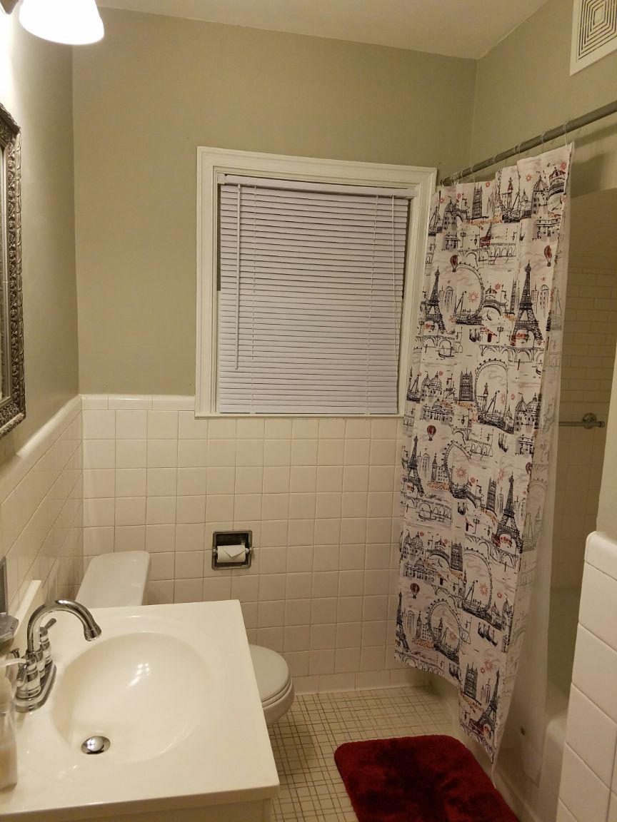 Un bagno con lavandino, WC e tenda doccia con motivo cittadino.