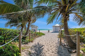 On the beach, sun loungers, beach towels