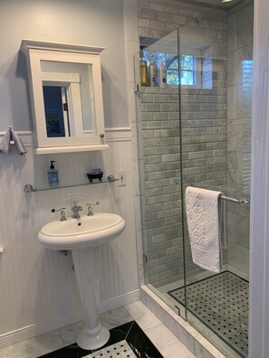 Une salle de bain avec un lavabo sur colonne blanc, une cabine de douche en verre et un miroir au-dessus du lavabo.